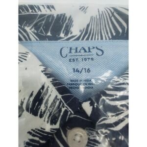 Chaps Boys Shirt Size 14/16 Blue White Palm Leaf Print Short Sleeve